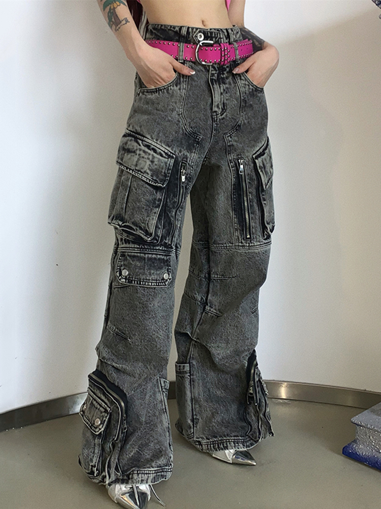 Women's Jeans LGRQ Fashion Loose High Waist Big Pockets Straight Patchwork Cargo Denim Pants Female Summer 2023 19J3929 230422