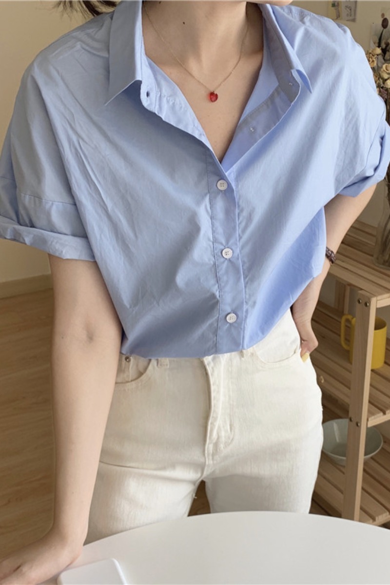 Women's Blouses Shirts Summer Top All Match Solid Shirt Short Sleeve Turn Down Collar Blouse Women Z032 230424