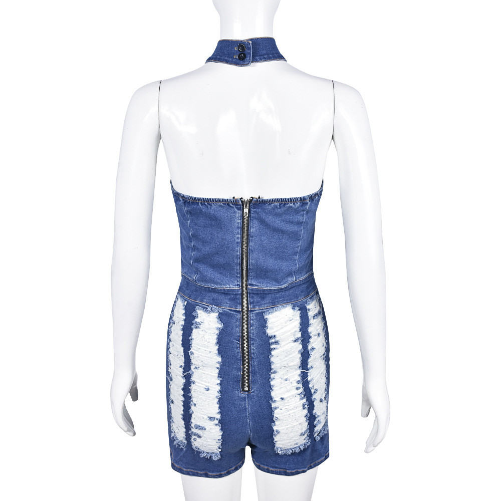 Designer Denim Rompers Women Sexy Halter Backless Jumpsuits Ripped Distressed Skinny Shorts Romper Fashion Street wear One Piece Overalls Wholesale Cl