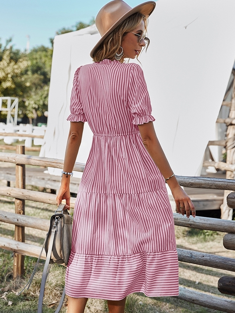 Casual Dresses Msfilia Spring Women's Striped Dress Causal Short Sleeve Tassel Medium Long Summer V Neck Button Dresses For Female 230424