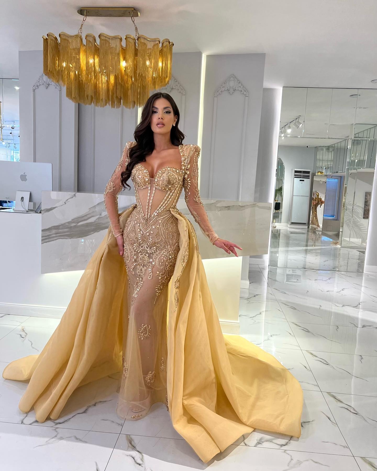 Exquisite Mermaid Gold Prom Dresses Sweetheart Illusion Beading Party Dresses with Overskirts Custom Made Evening Dress