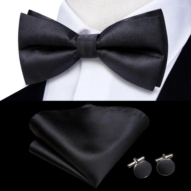 Bow Ties Hi-Tie Solid Black Mens Tie Hankerchief Cufflinks Pre-tied Silk Butterfly Knot Bowtie For Male Business Party Wholesale