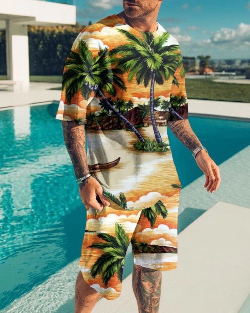 Men's Tracksuits Summer men's set 3D beach coconut tree T-shirt men's sportswear casual short sleeved T-shirtshorts 2 piece men's 