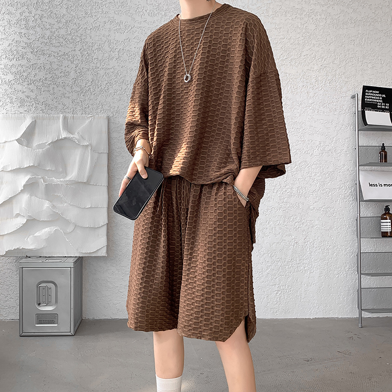 Men's Tracksuits Summer 2pcs Men's Sets Baggy Short Set Clothing Loose Stretch Solid O-Neck T Shirts and Shorts Stylish Oversize Streetwear 