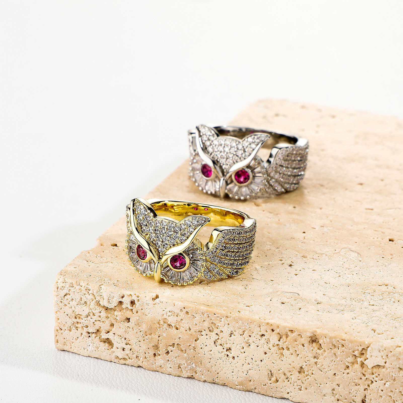 New Hip-hop Style Zirconium Filled Owl Band Ring For Men And Women INS Trendy Personalized Index Finger Rings 14k Real Gold Plated Bijoux Rapper Wolf 