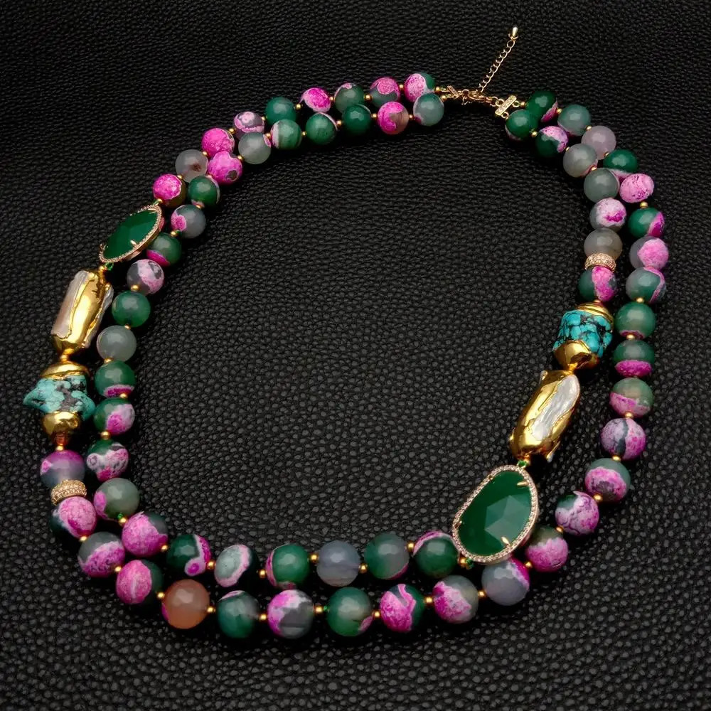 Beaded Necklaces KKGEM 21"-23" 2Strands 12mm fuchsia Green Faceted Agate White Biwa Pearl Crystal Turquoise choker Necklace 231124