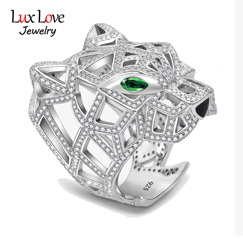 Solitaire Ring Luxlove Leopard Tiger Head Ring S925 Solid Silver Cubic Zircon Full Diamond Fine Jewelry Hiphop Party 18K Gold Plated Rings 230422