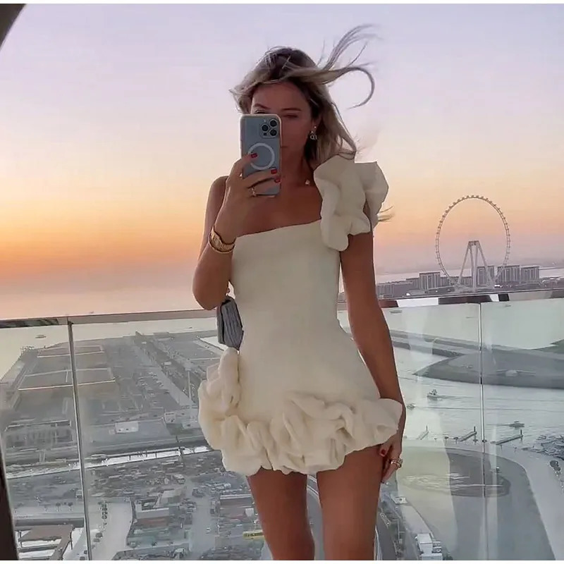 Urban Sexy Dresses Elegant Short Floral Party Dresses One Shoulder Ruffles Mini Length Women Maxi Prom Dress Female Evening Dress Stretchy 231123CJ