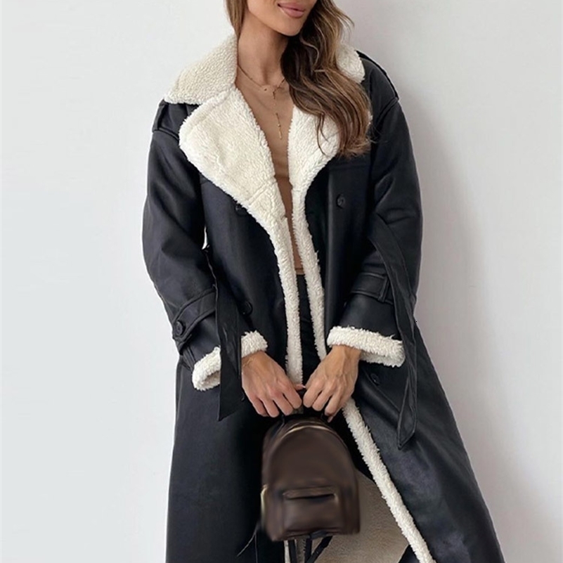 Women s Jackets Fur Leather Long Jacket Women Belt Lambswool Sleeve Turndown Collar Pocket Female Coat 2023 Autumn Winter Lady Overcoat 231123