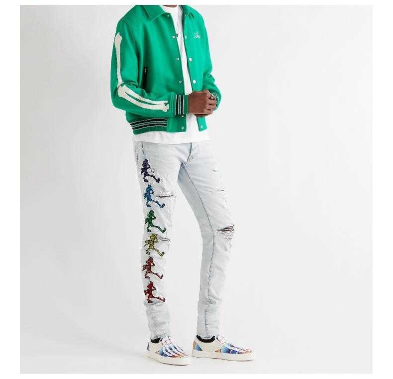 Designer Clothing Luxury Casual Fashion Denim Pants Amiiri High Street Skeleton Embroidery Sticker with Broken Holes Used Wash Damaged Slim Fit Fashion Men's Jeans, Light blue
Designer Clothing Luxury Casual Fashion Denim Pants Amiiri High Street Skeleton Embroidery Sticker with Broken Holes Used Wash Damaged Slim Fit Fashion Men's Jeans, Light blue