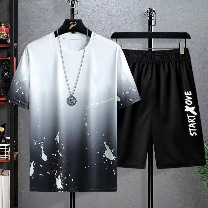 Men's Tracksuits Men's Suit Gradient Summer Short Sleeve T-Shirt Set Fashion 2 Piece Streetwear 3D Printed Sports Beach Shorts Sportswear Me