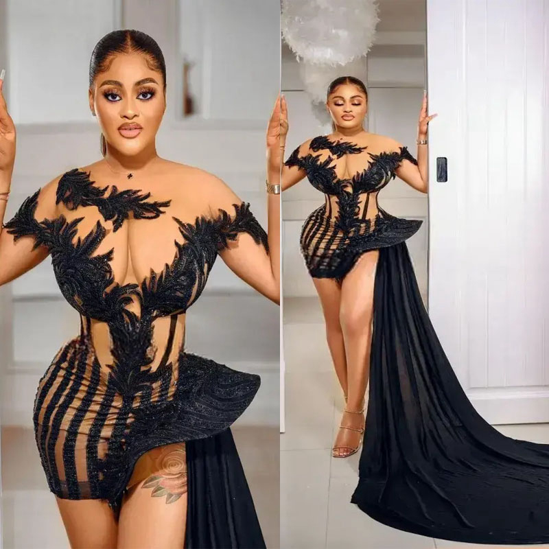 2023 Aso Ebi Prom Dresses Short Sleeves with Wrap Evening Birthday Party Second Reception Arabic Formal Dress African Nigeria Engagement Gowns ST245
