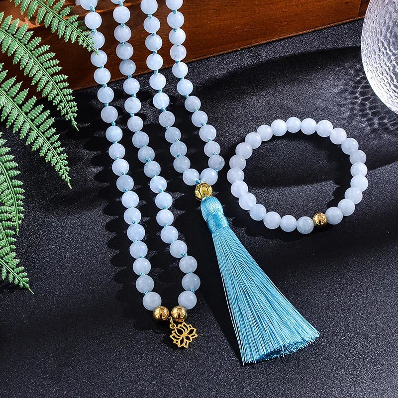 Chokers 108 Beaded 8mm Aquamarine Japamala Necklace Bracelet Set Meditation Yoga Spiritual Energy Jewelry Women Rosary Pendant 231124