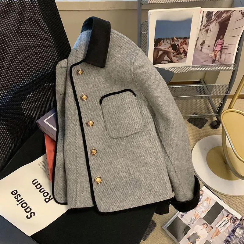 Womens Jackets Short Grey Quilted Coats Vintage Women Clothing Contrast Lapel Woolen Jacket Autumn Winter Harajuku Jaquetas Chaqueta 231123