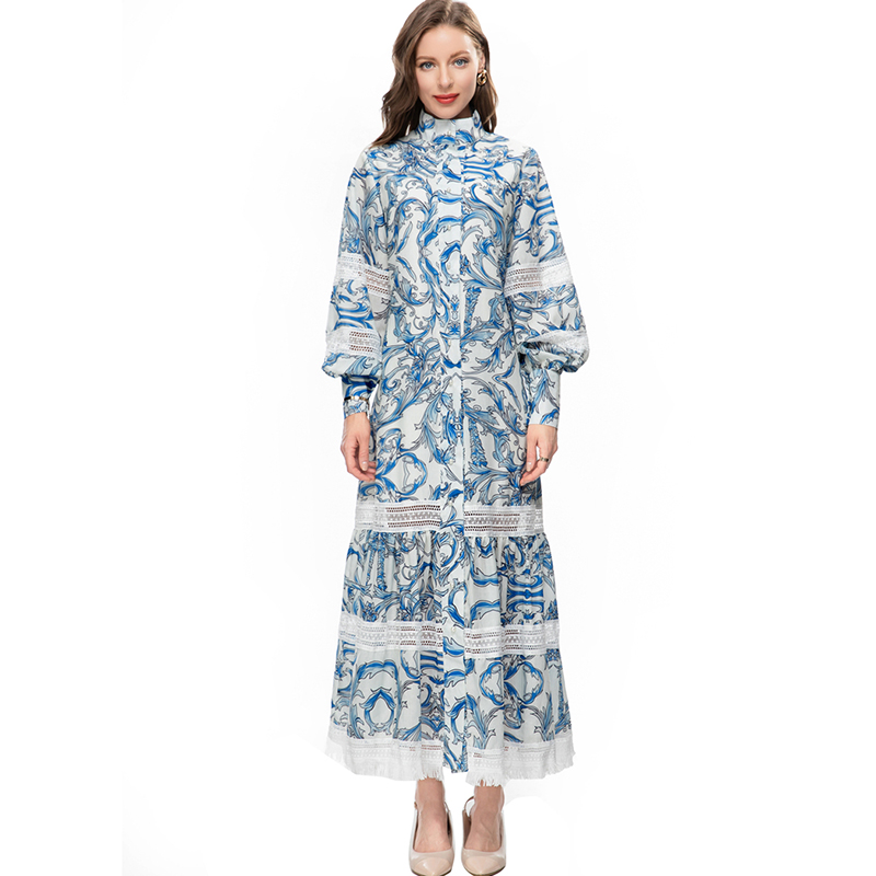 Women' Runway Dresses Stand Collar Long Lantern Sleeves Printed Hollow Out Elegant Designer Vestidos, Blue
Women' Runway Dresses Stand Collar Long Lantern Sleeves Printed Hollow Out Elegant Designer Vestidos, Blue