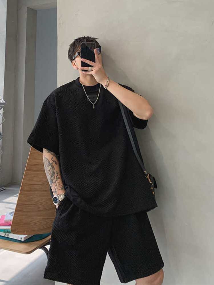 Men's Tracksuits Gmiixder Summer Casual Short-sleeved Suit Men Textured T-shirt Simple Shorts Two-piece Suit Unisex Hip Hop Tracksuit 230424