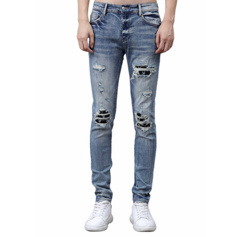 Designer Clothing Denim Pants Amiiri Classic Knife Cut Jeans Spring High End Fashion Perforated Personality Casual Fit Small Feet Trend Distressed Ripped Pants, Light blue 
Designer Clothing Denim Pants Amiiri Classic Knife Cut Jeans Spring High End Fashion Perforated Personality Casual Fit Small Feet Trend Distressed Ripped Pants, Light blue