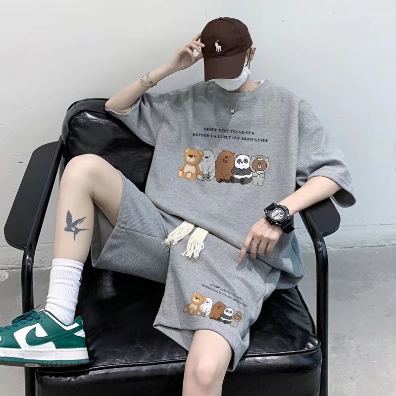 Men's Tracksuits Korean Fashion Street Clothing Hip Hop Rock Casual Shorts Funny Bear T-shirt Shorts 2 Piece Summer Men's Wear 230424