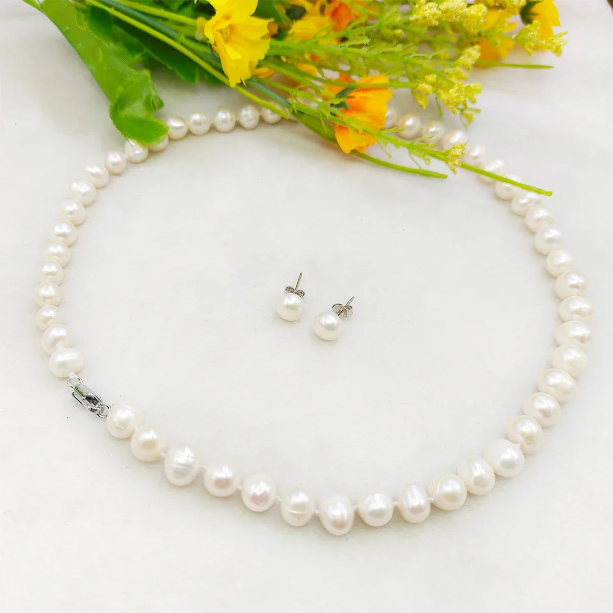 Beaded Necklaces Natural Beads Pretty 8-9mm White Tahiti Pearl Necklace 17''Earrings DIY Jewelry Sets Gifts For Girl Women Wholesale Price 2