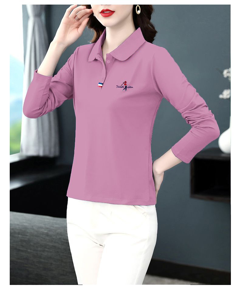 T-shirt women 2023 long sleeve large lapel polo shirt Spring and autumn embroidered bottomed T-shirt