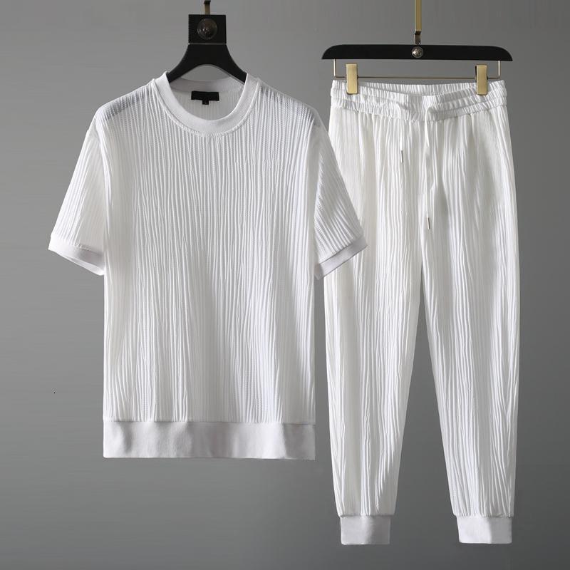 Men's Tracksuits Summer Casual Suit Men's Round Neck Elastic Breathable Pleated Short-sleeved Nine-point Pants Thin One Set 230424