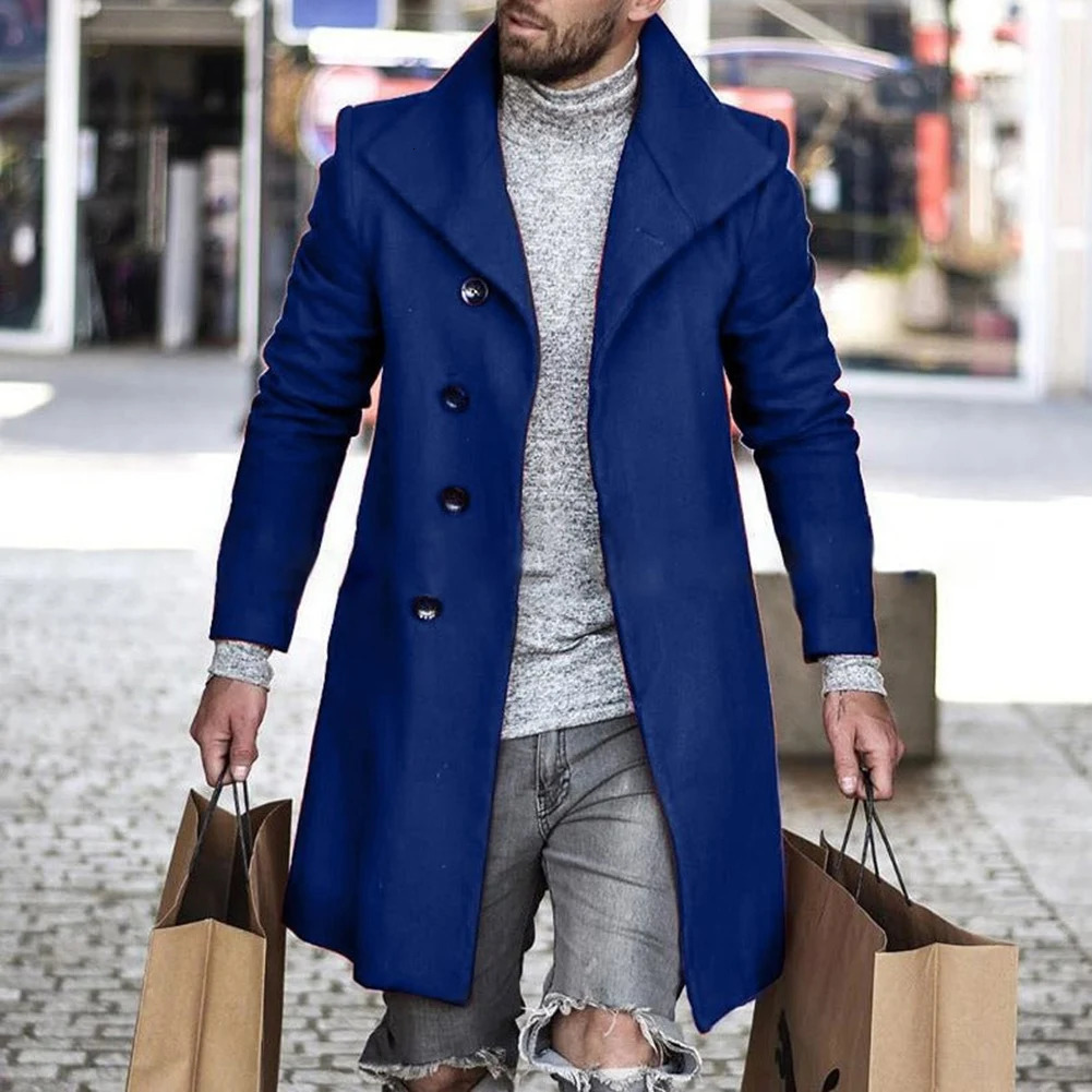 Men's Wool Blends Men's Casual Trench Solid Color Outwear Woolen Cloth Great Coats Winter Middle Length Overcoat Jackets Men Clothing 231123
