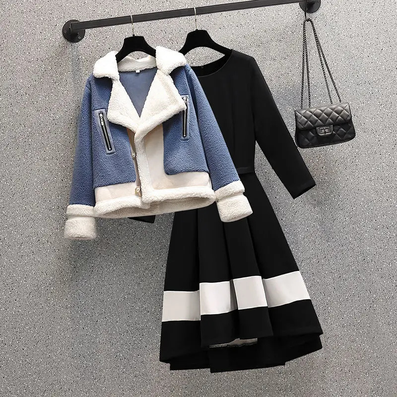 Two Piece Dress Korean Winter High end Cashmere Jacket Coat Splicing Long Sleeve Two piece Elegant Women s Dresses Suit 231123