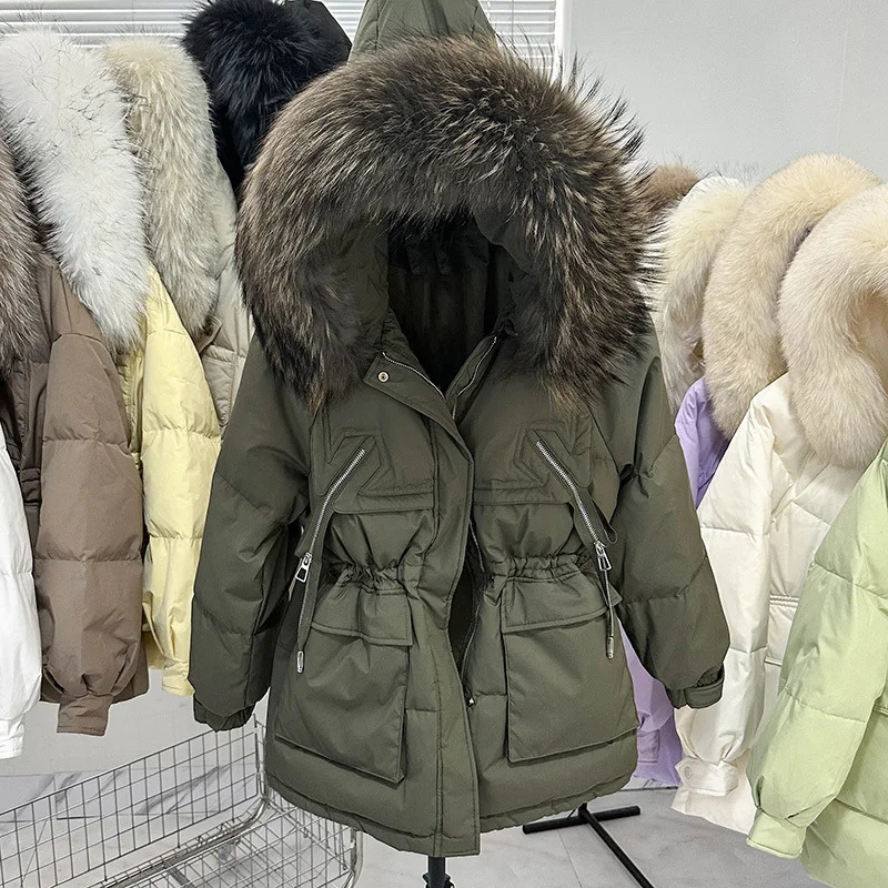 Women's Luxe Raccoon Fur Hooded Puffer Jacket - 90% White Duck Down Coat, Winter Thickened Parka with Oversized Hood, Windproof Feather Jacket