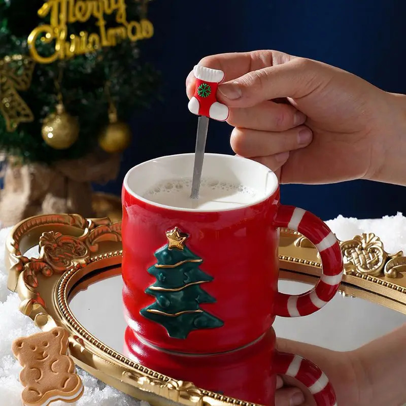 Mugs Cute Cartoon Christmas Tree Ceramic Mug for Girls Friends Student Gift Home Office Coffee Milk Tea Cup with Lif Spoon Drinkware 231123
