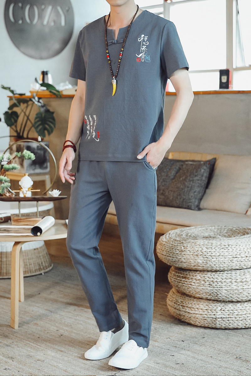 Men's Tracksuits Arrival Men's Cotton and Linen Short Sleeve T-shirtAnkle Length Pant Set Solid ShirtTrousers Home Suits Male Size M-5XL 230