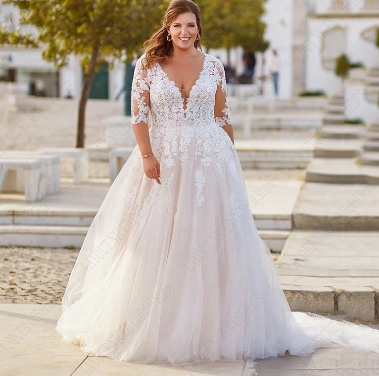 Plus Size Woman Wedding Dress Classic Lace Up Backless A-line Bridal Gowns Appliques Half Sleeves Vestidos De Noiva 2024