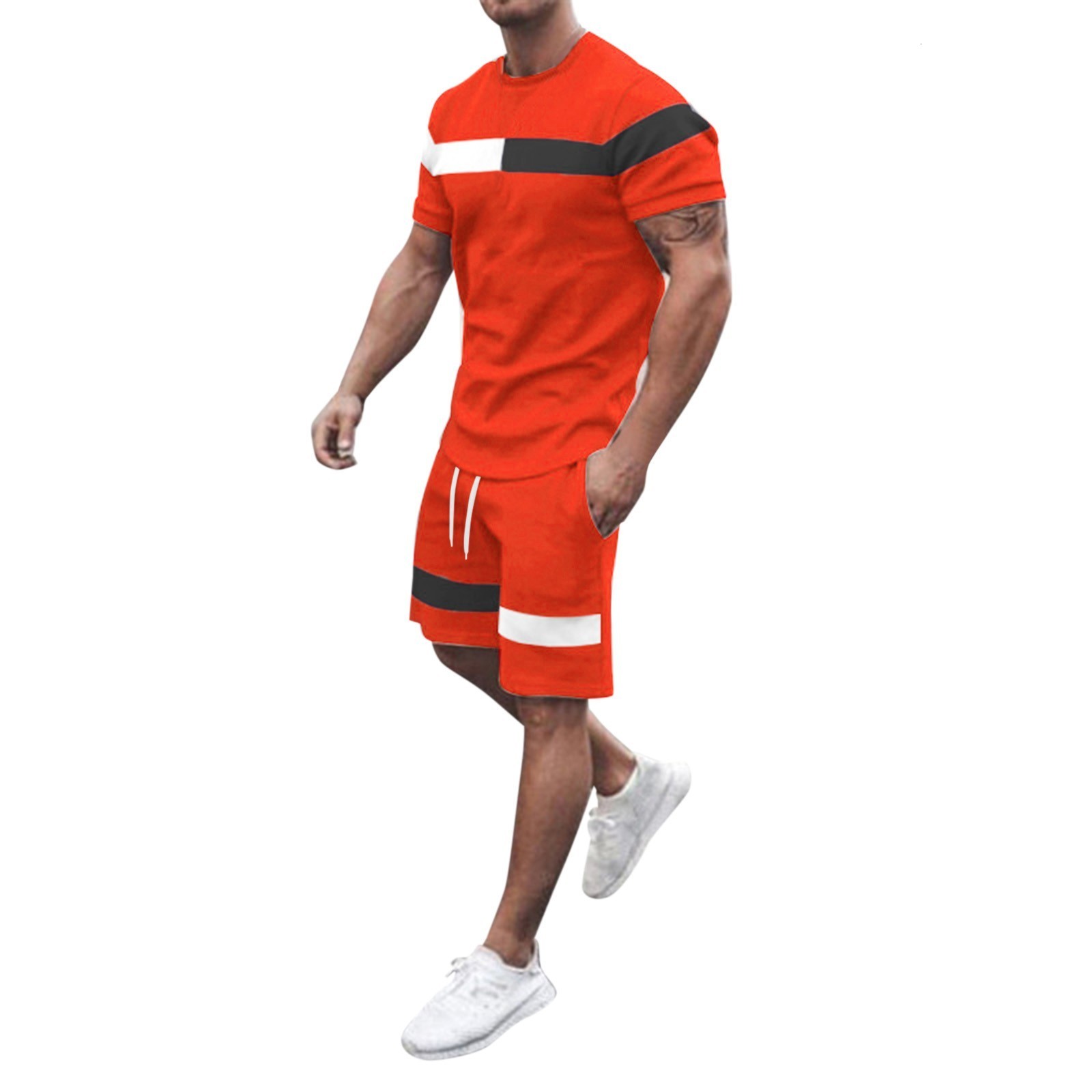 Men's Tracksuits Suit Modern Fit Men Summer Spring And Summer Striped Squares Tracksuit 2 Piece Outfits Short Sleeve T Shirts And Men S Slim Suit