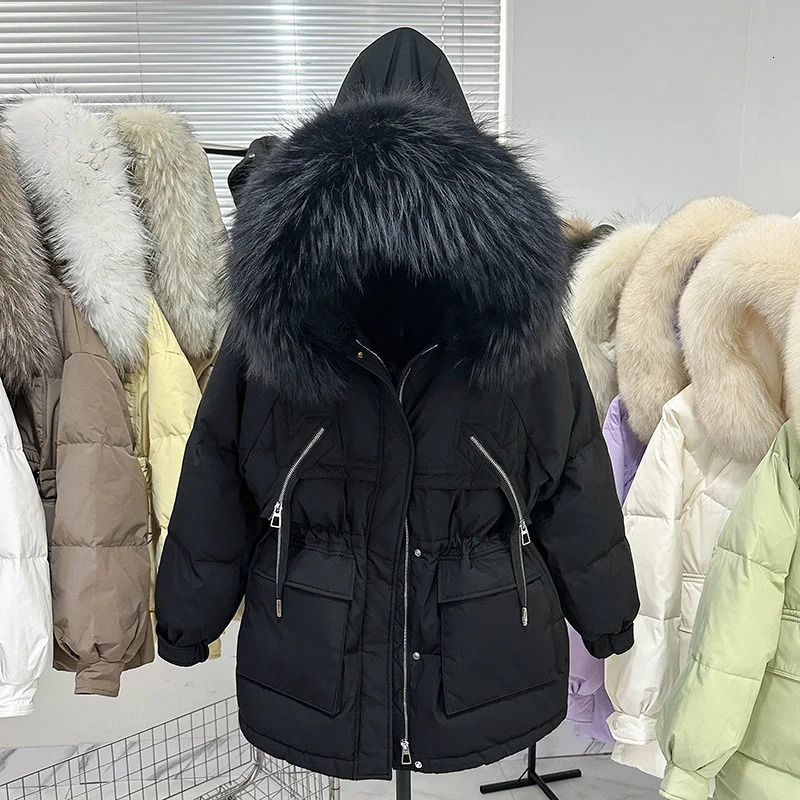 Women's Luxe Raccoon Fur Hooded Puffer Jacket - 90% White Duck Down Coat, Winter Thickened Parka with Oversized Hood, Windproof Feather Jacket