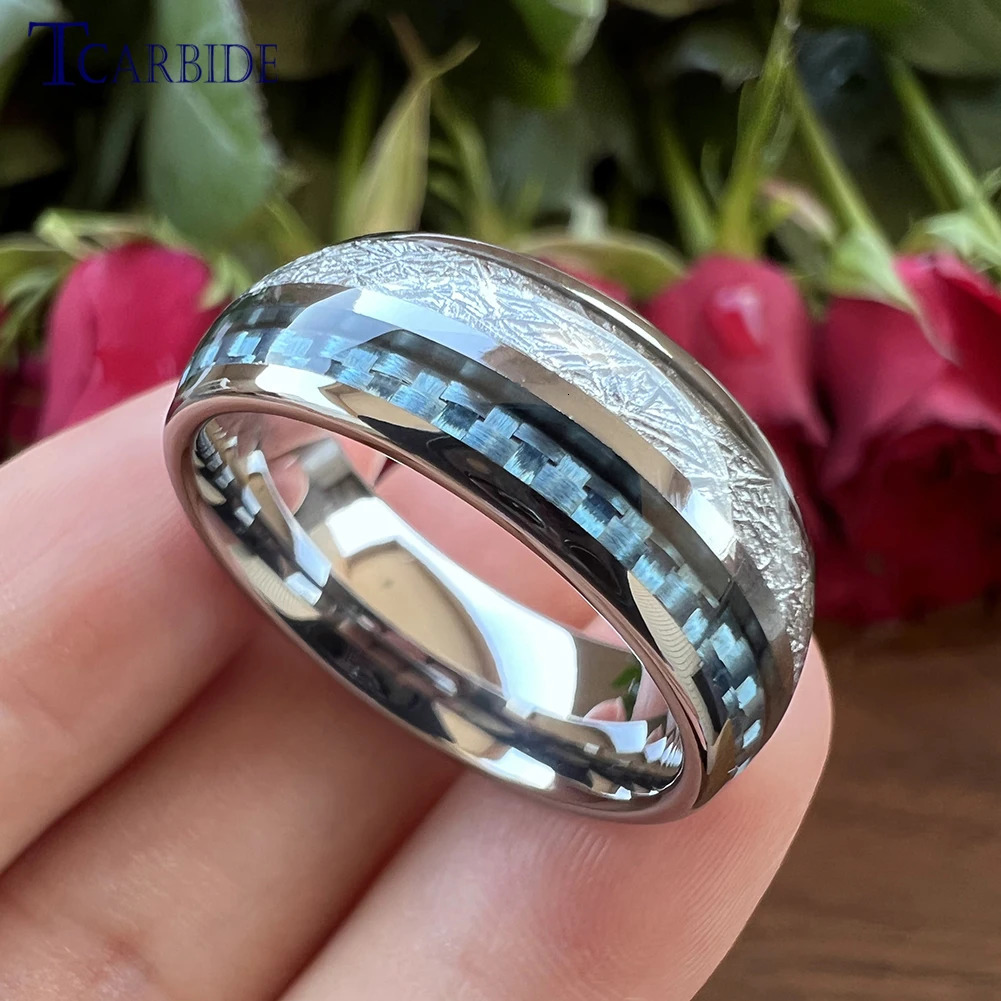 Band Rings 8MM Men Women Tungsten Wedding Band Rings With Blue Carbon Fiber And White Meteorite Inlay Comfort Fit 231124