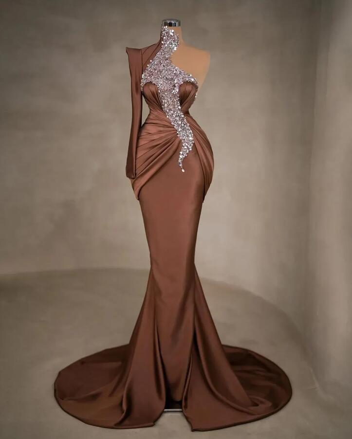 Sexy One Shoulder Mermaid Prom Dresses For Black Girl 2024 Sparkly Beaded Brown Satin Plus Size Evening Occasion Gown Vestidos De Novia