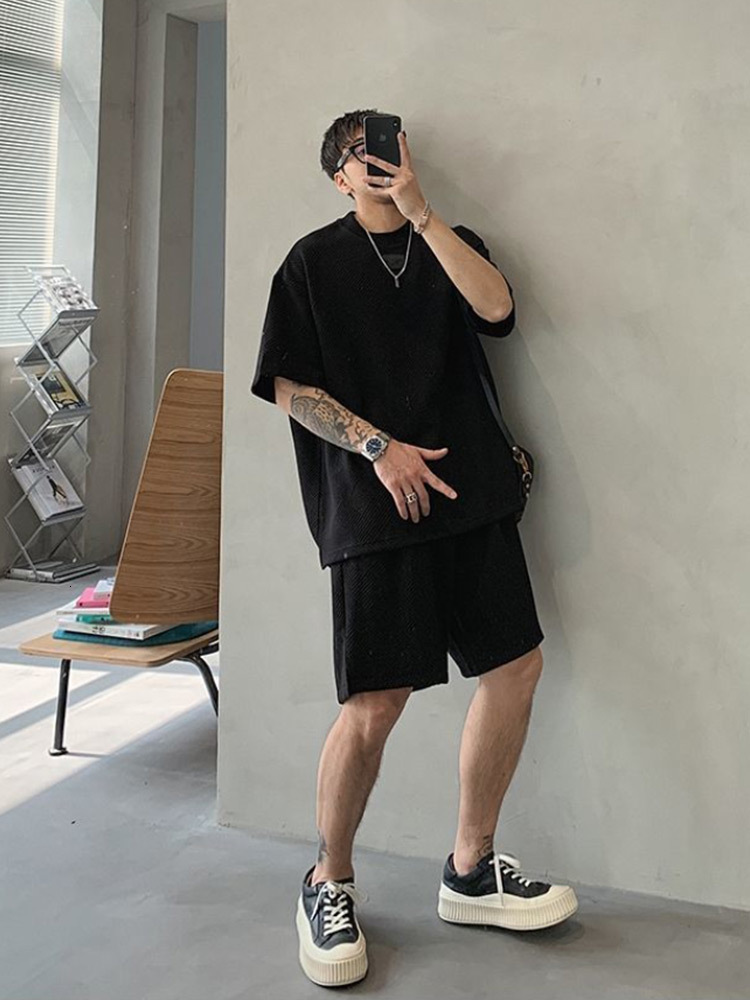 Men's Tracksuits Gmiixder Summer Casual Short-sleeved Suit Men Textured T-shirt Simple Shorts Two-piece Suit Unisex Hip Hop Tracksuit 230424