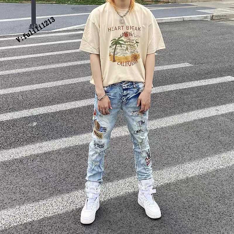 Designer Clothing Luxury Casual Fashion Denim Pants Amiiri 21 High Street Distressed Embroidery Patch Elastic Denim Men's Youth Slim Fit Feet Pants, Light blue
Designer Clothing Luxury Casual Fashion Denim Pants Amiiri 21 High Street Distressed Embroidery Patch Elastic Denim Men's Youth Slim Fit Feet Pants, Light blue