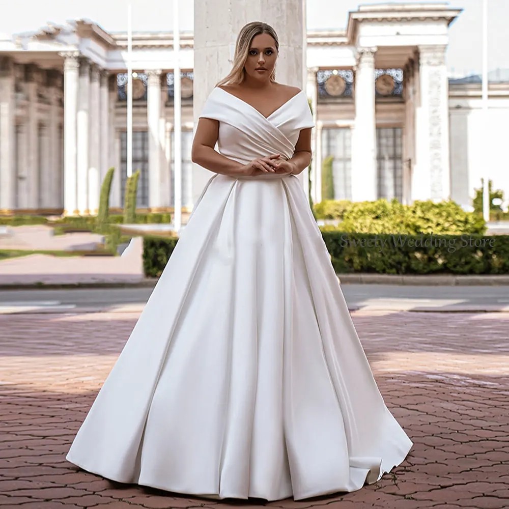 Plus Size Satin Wedding Dress Long Sleeves 2024 Vestido De Noiva Lace Up Elegant V-Neck Off Shoulder A-line Bridal Gowns Custom Made