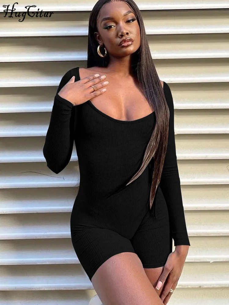 Womens Jumpsuits Rompers Hugcitar Women Solid Ribbed Long Sleeve Playsuit Skinny Bodycon Sexy Sportswear Fitness Streetwear Outfits Wholesale 231123