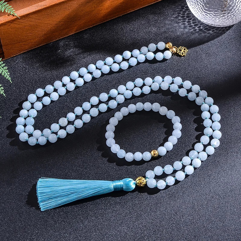 Chokers 108 Beaded 8mm Aquamarine Japamala Necklace Bracelet Set Meditation Yoga Spiritual Energy Jewelry Women Rosary Pendant 231124