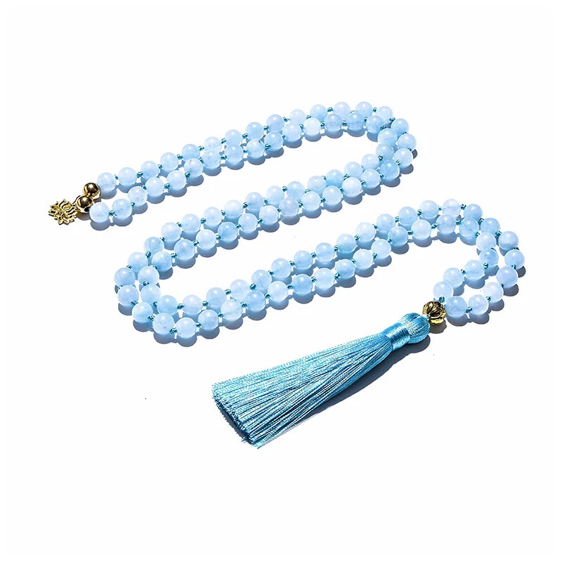 Chokers 108 Beaded 8mm Aquamarine Japamala Necklace Bracelet Set Meditation Yoga Spiritual Energy Jewelry Women Rosary Pendant 231124