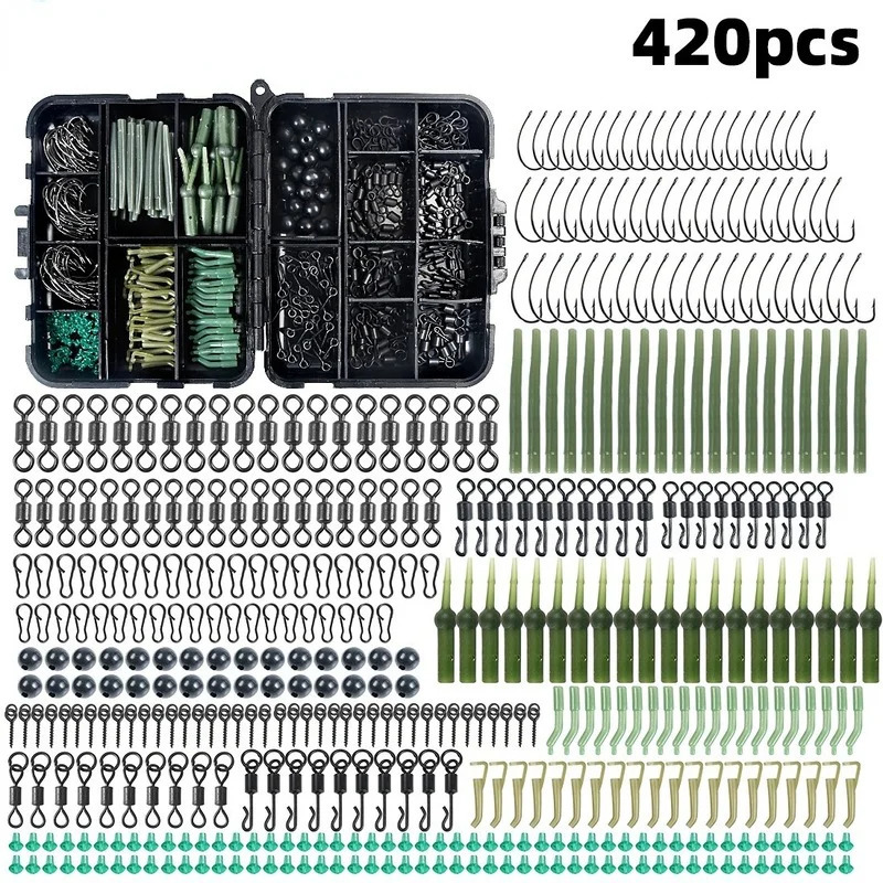 Fishing Accessories 160-420Pcs/Box Carp Fishing Tackle Kit Including Boilie Bait Screw Accessories Swivels Hooks Anti Tangle Sleeves Hook Stop Beads 2