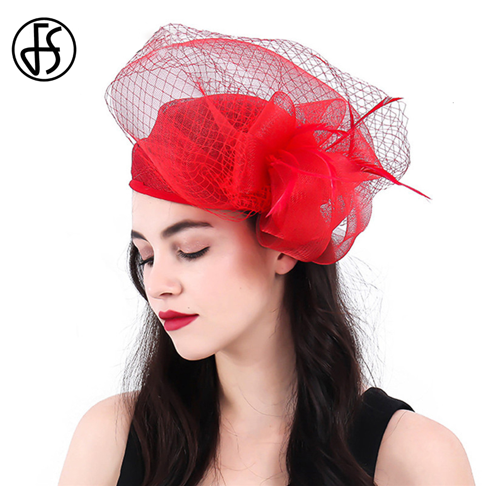 Wide Brim Hats Bucket Hats FS Bridal Wedding Red Hats Fascinators For Woman Cocktail Church Party Sinamay Feather Veil Headdress Elegant Cap 230422