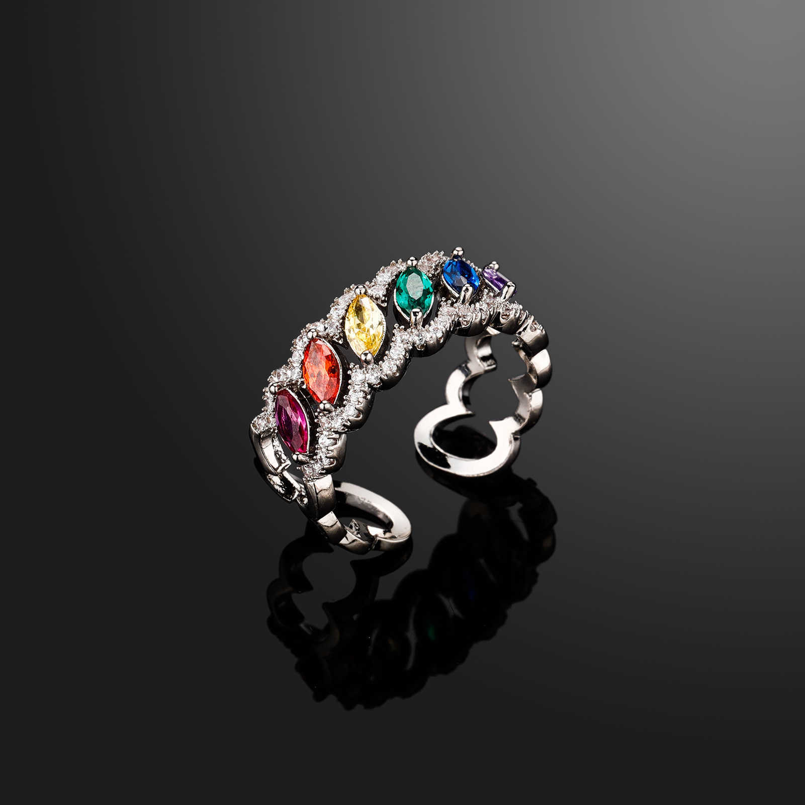 Adjustable Opening Colorful Horse Eye Cuff Band Rings Multi Color Cz Stone Hollow Open Adjustable Finger Ring Classic Cubic Zircon Wedding Bridal Jewe