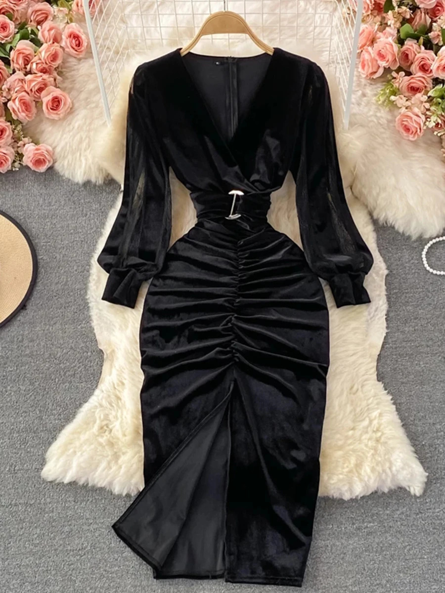 Basic Casual Dresses Autumn Winter Women BlackRed Draped Bodycon Midi Dress Vintage VNeck Mesh Patchwork Long Sleeve High Waist Vestidos 231123