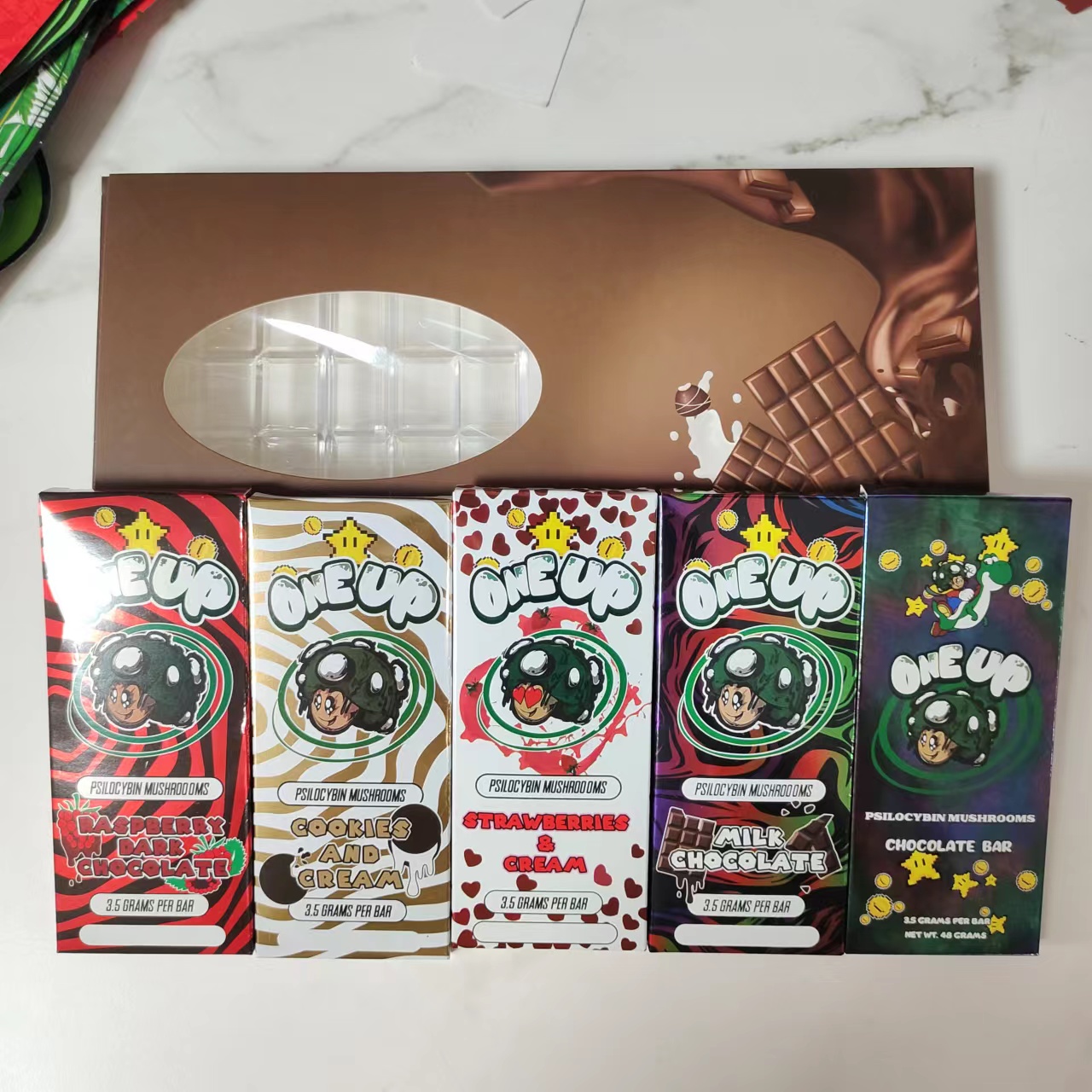 One Up Chocolate Packaging Boxes milk Chocolate Packing Boxes Raspberry DARK Chocolate Wrapper Mushroom Bar 3.5G Oneup Packaging Pack Package Box
One Up Chocolate Packaging Boxes milk Chocolate Packing Boxes Raspberry DARK Chocolate Wrapper Mushroom Bar 3.5G Oneup Packaging Pack Package Box