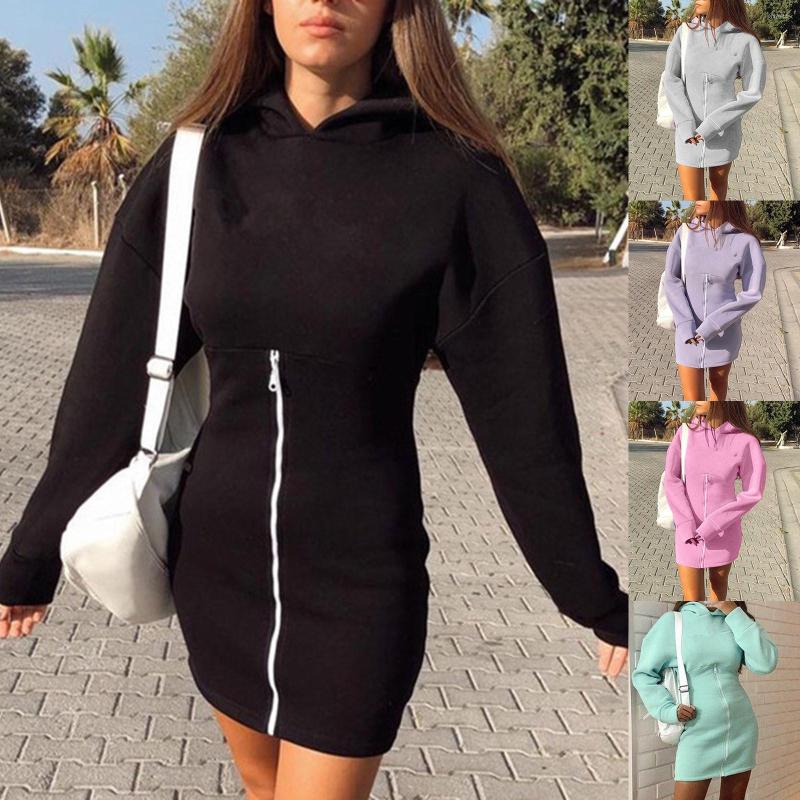 Women's Hoodies Autumn Skinny Pullover Sweatshirt Black Bodycon Women Pure Color Hooded Slim Long Sleeved Zipper Hoodie Dress