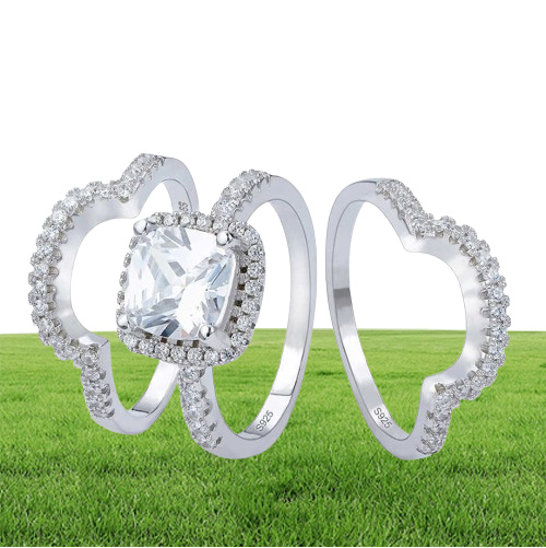 New Design Luxury 3 Pcs 3 In 1 925 Sterling Silver Ring Cushion Engagement Wedding Ring Set For Women Bridal Jewelry R4308 P0
