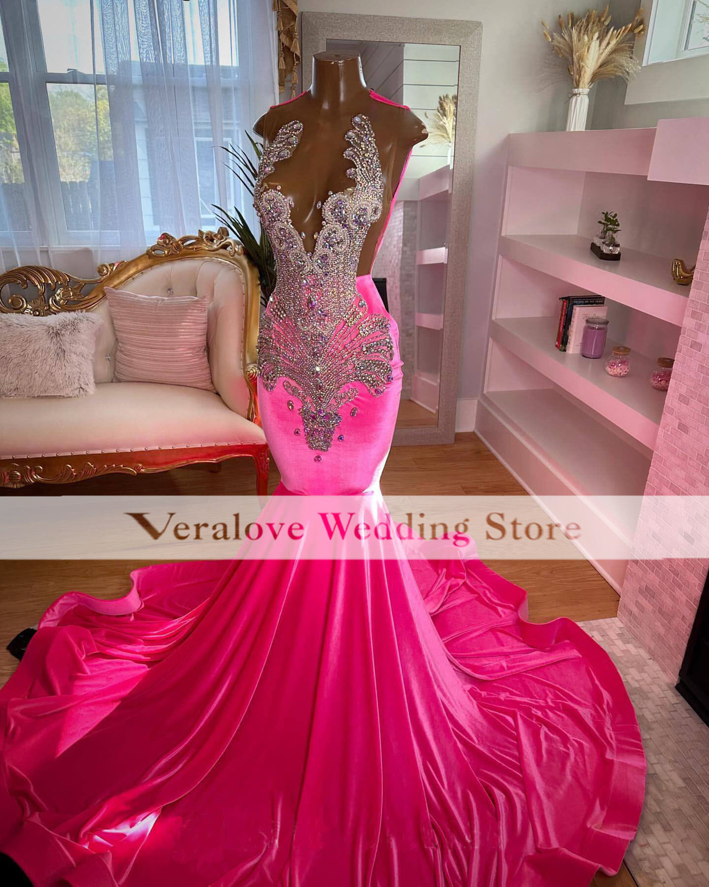 Hot Pink Diamond Prom Dresses For Black Girls 2024 Velvet Beads Party Gowns Mermaid Evening Dress Vestidos De Gala