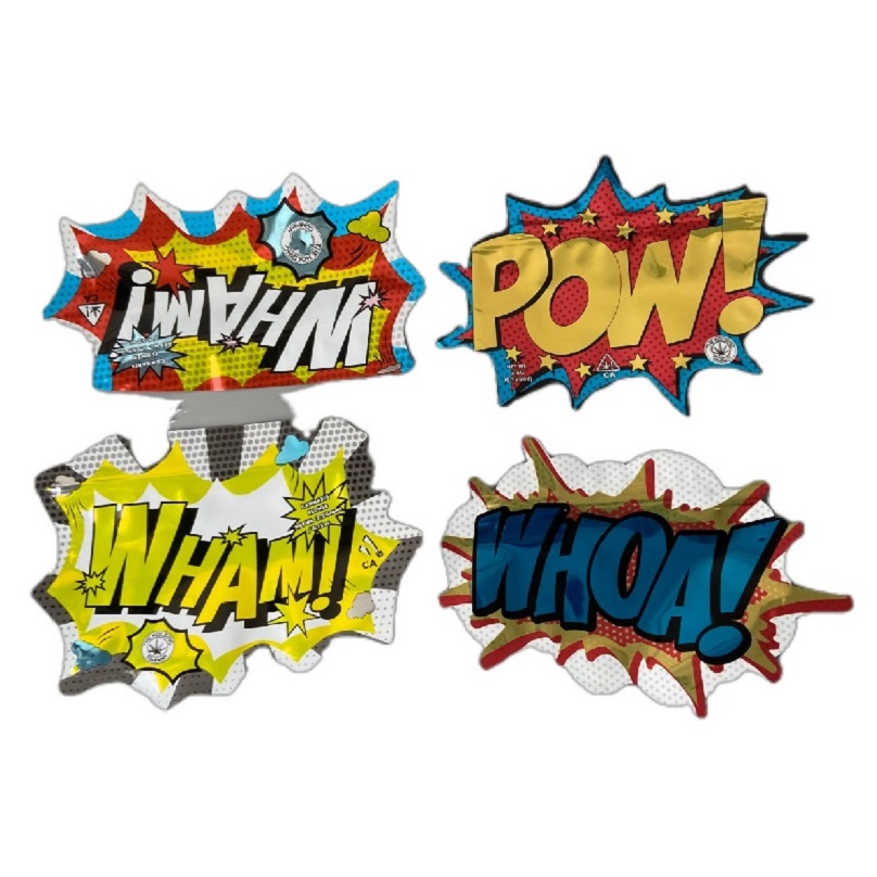 pow whoa wham hologram custom special shaped irregular mylar bag 3.5g die cut edible holographic zipper plastic packaging bag
pow whoa wham hologram custom special shaped irregular mylar bag 3.5g die cut edible holographic zipper plastic packaging bag